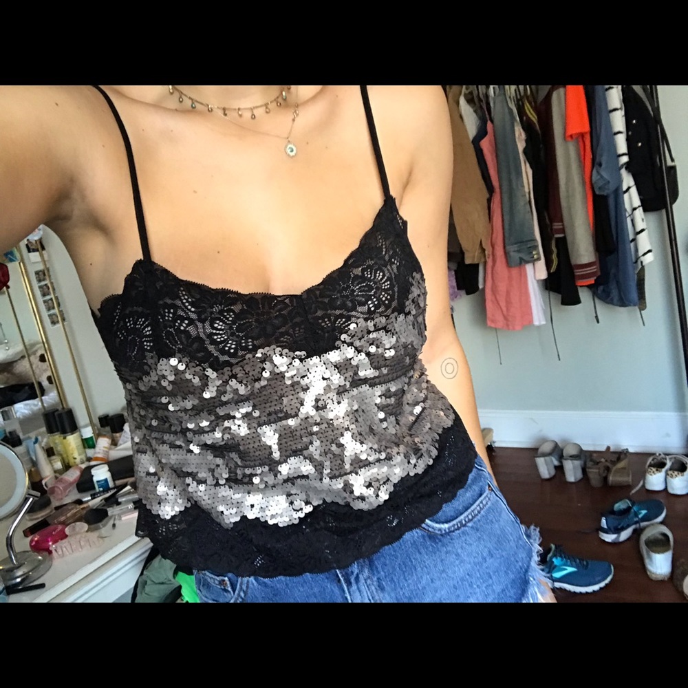 Express sequin and lace crop top